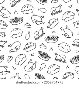 Black and white thanksgiving dinner outline seamless pattern