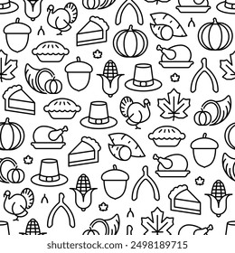 Black and white thanksgiving outline background seamless pattern
