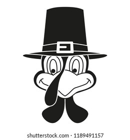 Black and white thanksgiving turkey head silhouette. Bird in traditional hat. Autumn festival themed vector illustration for stamp, label, sticker, badge, gift card, certificate or flayer decoration