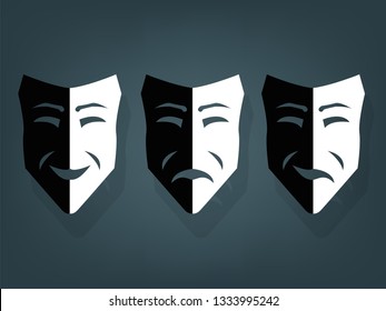 Black and white theater masks, vector with depth