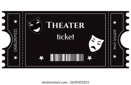 Black and white theater ticket, black background, sample, template, contrast, stars, masks, tragedy, comedy, play, admite one, barrcode