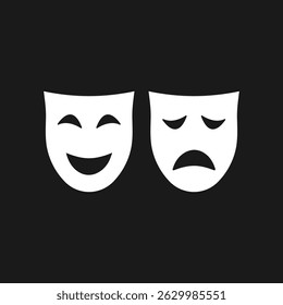 Máscaras de teatro preto e branco. Ícone de máscaras de drama em preto e branco. Máscara de teatro feliz e triste. Vetor