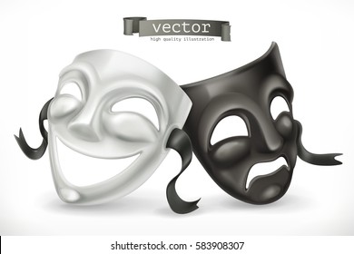 Black and white theatrical masks. Comedy and tragedy 3d vector icon