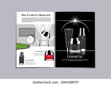 Black and white theme magazine with cream and milk lotion on left page and skincare set on lunar eclipse on right page