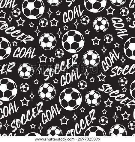 Black White Theme Soccer Ball and Goal Pattern. Perfect for apparel, sports-themed textiles, school supplies, football-inspired designs, etc. Fun pattern for soccer lovers and athletic projects.