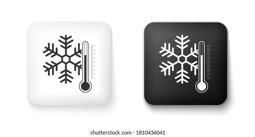 Termómetro blanco y negro con icono de copo de nieve aislado en fondo blanco. Botón cuadrado. Vector.