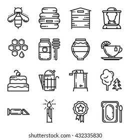 Black and white thin line apiary icon set, vector illustration isolated on white background. Set of bee and honey icons, apiary symbols - beehive, beekeeper, jar, deeper, smoker, honeycomb, extractor