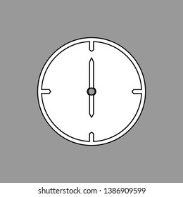 Black and white thin line clock icon (6 o'clock) on grey background - vector illustration