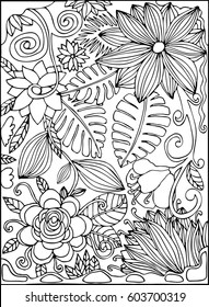 Black and white thin line hand drawn postcard with tropic flowers, jungle, palm leaves, tropical garden. Coloring book page. Vector illustration.