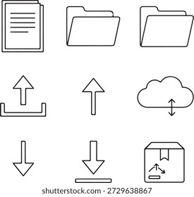 Los iconos de línea delgada en blanco y negro ilustran la organización de datos, la conectividad a Internet y la logística de la computación en la nube. Diverso conjunto incluye archivos de papel, directorios abiertos, símbolos de transferencia y cajas de entrega adecuadas para software de oficina y sistemas de gestión de almacenes.