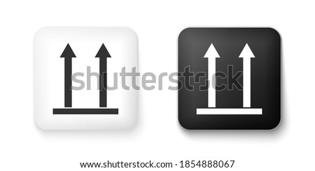 Black and white This side up icon isolated on white background. Two arrows indicating top side of packaging. Cargo handled so these arrows always point up. Square button. Vector.