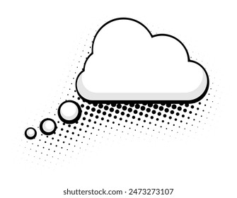A black and white thought cloud bubble in a comic style, featuring halftone dots for a retro effect. Ideal for adding a classic touch to comics, illustrations, and graphic design projects.