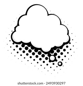 A black and white thought cloud bubble in a comic style, featuring halftone dots for a retro effect. Ideal for adding a classic touch to comics, illustrations, and graphic design projects.