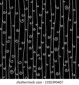 Black and white threads with curls, stylized climbing plants spring seamless pattern, vector