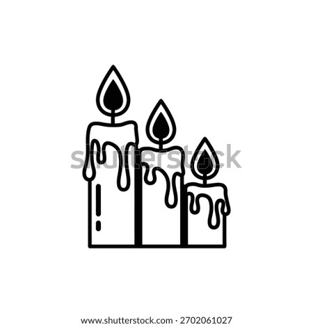 Black and white three lit candles line art icon for Halloween