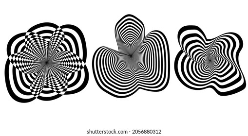 Black and white three Optical illusion strip. monochrome illusion background. Abstract swirls distortion backdrop. Geometric tile Vector-art illustration.