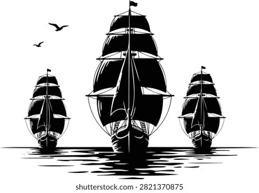 Black and white of three tall sailing ships with full sails on a textured sea monochrome tall ships three-masted schooners