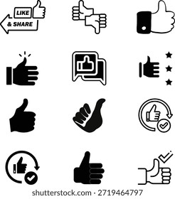 Pulgares en blanco y negro hacia arriba y como conjunto de iconos que representan las reacciones de las redes sociales, la Aprobación, el Comentarios y la participación del usuario para las interfaces digitales y los diseños de marketing.