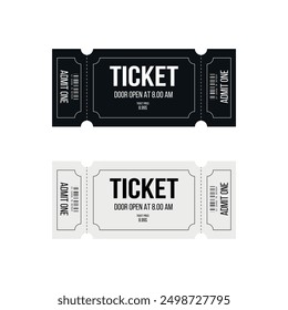 Black and white tickets set for circus, concert, boarding, lottery, movie, casino, theater, cinema, carnival, voucher on white isolated background