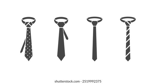 Corbata en blanco y negro, silueta de icono, elegante conjunto de iconos de corbata.
Elegante conjunto de iconos de corbata en blanco y negro: siluetas de Vector para Diseños formales. Conjunto simple de Vector de corbata elegante