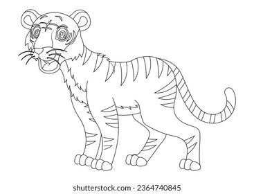 Black and white tiger cartoon character vector illustration. Coloring page of cartoon tiger