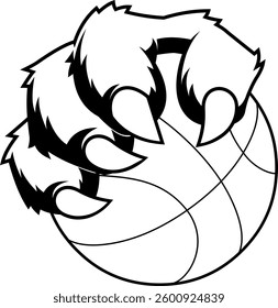 Black And White Tiger Claw Gripping Basketball Mascot Logo. Vector Hand Drawn Illustration Isolated On Transparent Background
