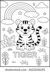 Black and White Tiger Coloring Page for Kids – Fun and Educational Forest Animal Printable Worksheet for Preschool and Kindergarten
