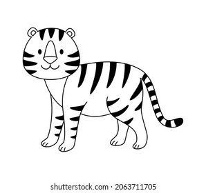 Black and white tiger drawing. A doodle of a stylized animal. Vector contour illustration of a tigress in cartoon style for coloring, print, logo, icon, sticker and design. Cute New Year's character