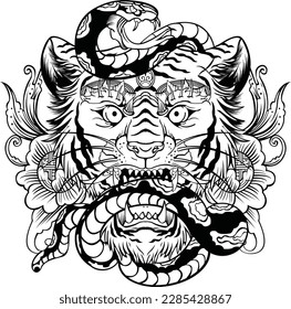 Black and White tiger face fighting snake tattoo