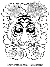 Black and white tiger face tattoo.traditional tiger roaring with chrysanthemum flower on cloud background.Traditional Japanese culture for printing and coloring book on background.