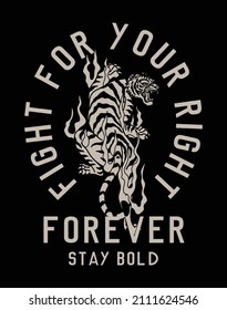 Black and White Tiger with Flames Mixed with A Slogan Vector Artwork on Black Background For Apparel and Other Uses