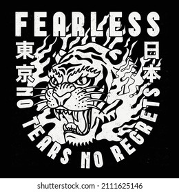 Black and White Tiger Head Illustration in Flames with Fearless Slogan and Japan and Tokyo Words with Japanese Letters Vector Artwork on Black Background for Apparel and Other Uses