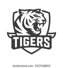 Logotipo da cabeça do tigre preto e branco com escudo e ícone de texto