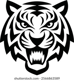 Black and white tiger head silhouette vector illustration art.