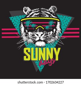 Black and white tiger head in sunglasses. Drawn by hand on a black background vector illustration.