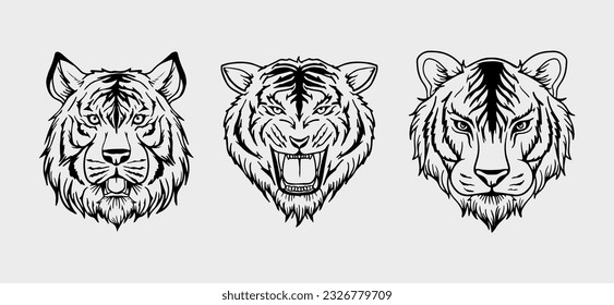 ilustración vectorial de cabeza de tigre blanco y negro que consta de tres imágenes