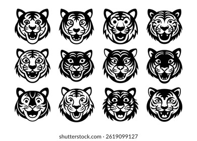 Black And White Tiger Head Vector Set Bundle Collection Group Graphics
