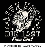 Black and White Tiger with Helmet Illustration with A Slogan Artwork on Black Background for Apparel or Other Uses