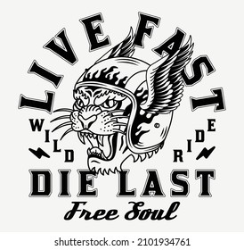 Black and White Tiger with Helmet Illustration with A Slogan Artwork on White Background for Apparel or Other Uses