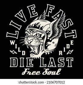 Black and White Tiger with Helmet Illustration with A Slogan Artwork on Black Background for Apparel or Other Uses