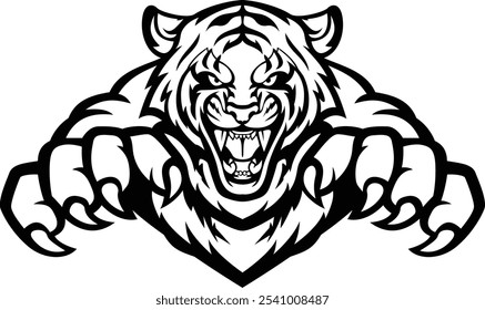 black and white tiger illustration, showcasing sharp claws and intense expression. Ideal for logos, tattoos, and merchandise.