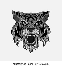 Black and white tiger japan style tattoo print design for t-shirt. . Vector illustration for coloring book, t-shirts, tattoo art, boho design, posters, textiles. Isolated vector illustration