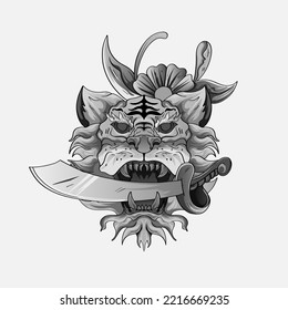 Black and white tiger japan style tattoo print design for t-shirt. . Vector illustration for coloring book, t-shirts, tattoo art, boho design, posters, textiles. Isolated vector illustration