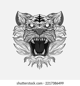Black and white tiger japan style tattoo print design for t-shirt. . Vector illustration for coloring book, t-shirts, tattoo art, boho design, posters, textiles. Isolated vector illustration