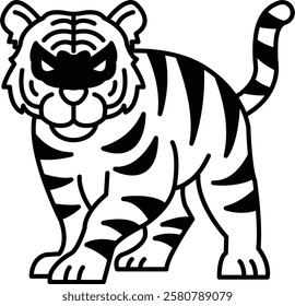 A black and white tiger with a mask on its face. The tiger is looking at the camera with a menacing expression