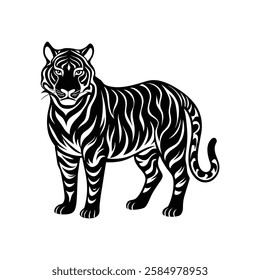 a black and white tiger on a white background