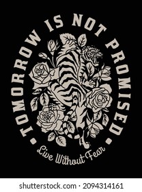 Black and White Tiger with Red Roses Around with A Slogan Artwork on Black Background For Apparel and Others Uses