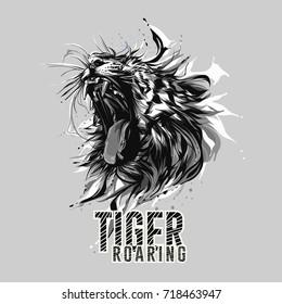 Black White Tiger Roaring Head