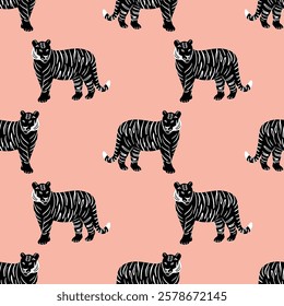 Black and white tiger seamless pattern on pink background