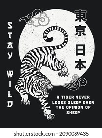 Black and White Tiger with Stay Wild Slogan and Japan Tokyo Words in Japanese Letters Vector Artwork on Black Background